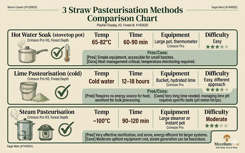3 Straw Pasteurisation Methods comparison chart.Method 1: Hot Water Soak (stovetop pot) - Temp 65-82°C | Time 60-90 min | Equipment: Large pot, thermometer | Difficulty: EasyMethod 2: Lime Pasteurisation (cold) - Temp: Cold water | Time: 12-18 hours | Equipment: Bucket, hydrated lime | Difficulty: Easy, different approachMethod 3: Steam Pasteurisation - Temp: ~100°C | Time: 90-120 min | Equipment: Large steamer or instant pot | Difficulty: Moderate