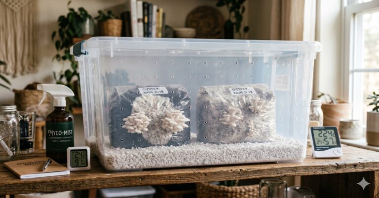 A clean, well-organized photograph of a completed shotgun fruiting chamber (a clear 66-quart plastic storage tub with perlite visible at the bottom) with two oyster mushroom grow bags inside showing emerging white pins. The setup is on a wooden shelf in a clean, warm home environment