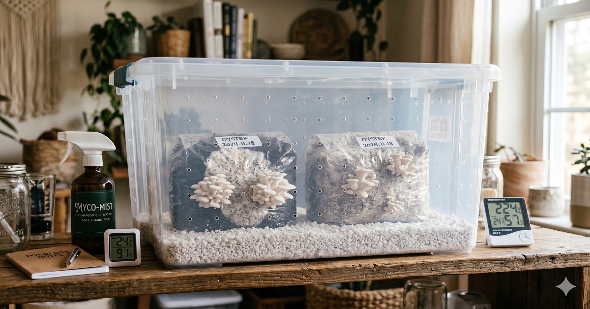 A clean, well-organized photograph of a completed shotgun fruiting chamber (a clear 66-quart plastic storage tub with perlite visible at the bottom) with two oyster mushroom grow bags inside showing emerging white pins. The setup is on a wooden shelf in a clean, warm home environment