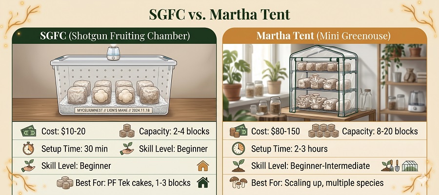 A side-by-side comparison infographic: SGFC vs Martha Tent.Two columns with headers.SGFC: Cost $10-20 | Capacity 2-4 blocks | Setup Time 30 min | Skill Level Beginner | Best For: PF Tek cakes, 1-3 blocksMartha Tent: Cost $80-150 | Capacity 8-20 blocks | Setup Time 2-3 hours | Skill Level Beginner-Intermediate | Best For: Scaling up, multiple speciesVisually distinct icons for each. How to build a fruiting chamber