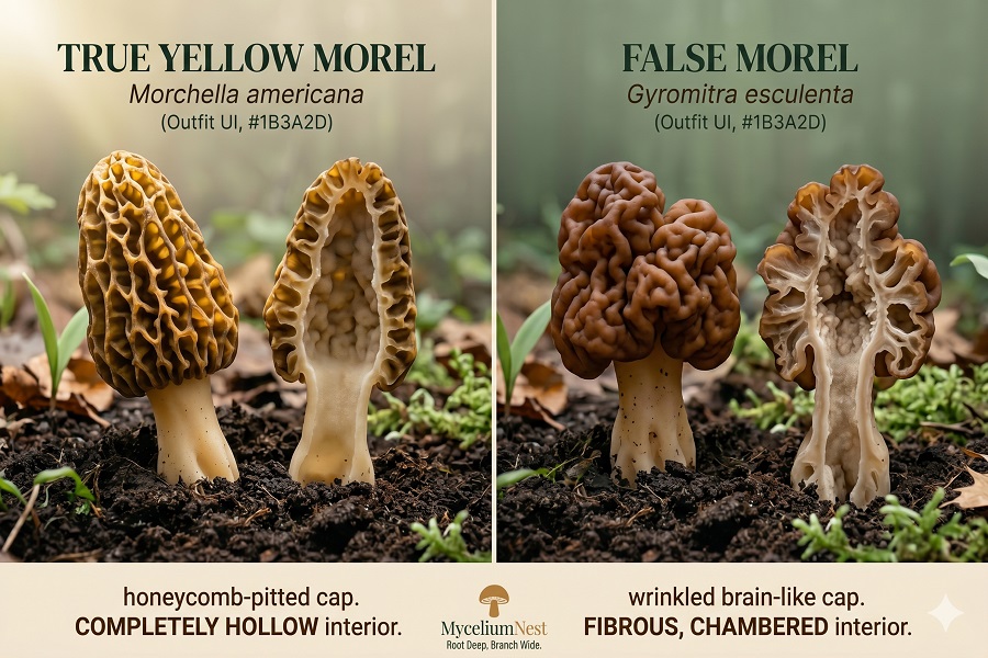 A clean educational side-by-side comparison photograph:LEFT: A true yellow morel (Morchella americana) with visible honeycombpitting, cut in half showing completely hollow interior.RIGHT: A false morel (Gyromitra esculenta) with wrinkled brain-like cap,cut in half showing fibrous, chambered interior.Clear educational labels below each. Natural forest-floor background.