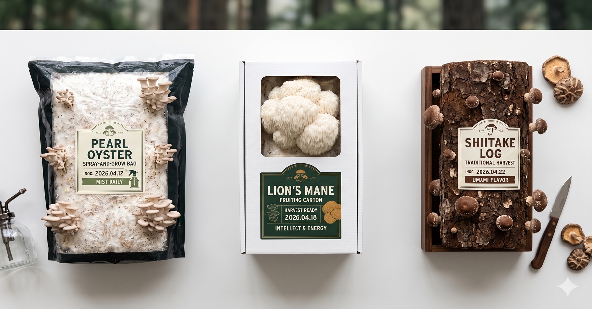 A flat-lay editorial photograph of three mushroom grow kits side by side on a clean white surface: an oyster mushroom spray-and-grow bag kit, a lion's mane kit in a white carton, and a shiitake log kit. Each kit clearly distinct. Professional product photography, natural overhead light, clean shadows.