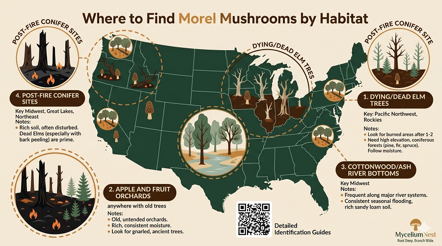 A US map infographic titled 'Where to Find Morel Mushrooms by Habitat'.Shows the US with 4 circled habitat types:1. Dying/Dead Elm Trees (Midwest, Great Lakes, Northeast)2. Apple and Fruit Orchards (anywhere with old trees)3. Cottonwood/Ash River Bottoms (Midwest)4. Post-Fire Conifer Sites (Pacific Northwest, Rockies)Each habitat has a small icon and key identification notes.Educational style,
