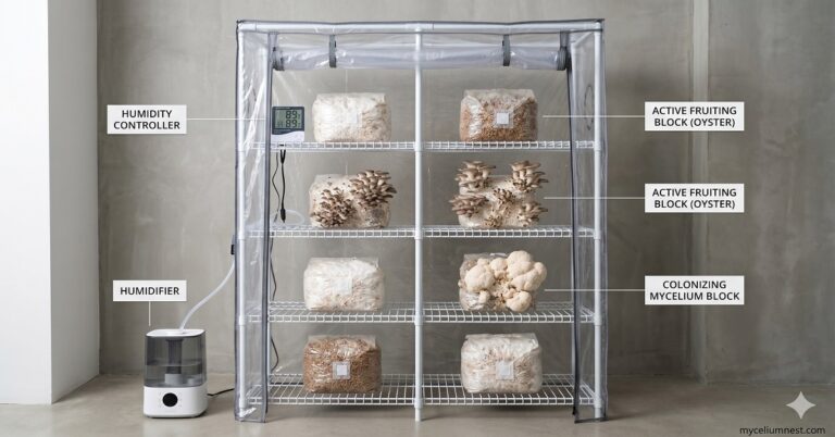4-tier chrome wire shelving unit inside clear plastic mini greenhouse cover — complete Martha tent mushroom growing setup with Inkbird humidity controller showing 89% RH - best mushroom grow tent