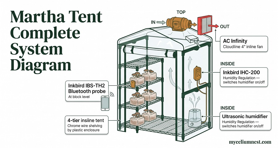 Mushroom grow tent equipment diagram: AC Infinity inline fan         connected to HEPA filter exhaust, Inkbird IHC-200 humidity         controller wired to ultrasonic humidifier, Inkbird Bluetooth         probe at block level inside 4-tier clear Martha tent