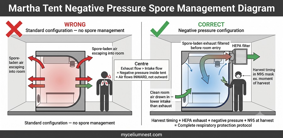 Martha tent negative pressure venting diagram: exhaust fan         pulling air through HEPA filter creating lower pressure inside         tent than surrounding room, preventing spore-laden air from         drifting into living space during mushroom fruiting