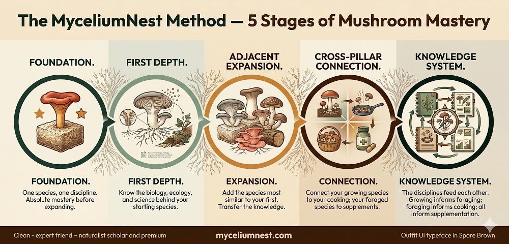 the myceliumnest method - 5 stages of muxhroom mastery diagram