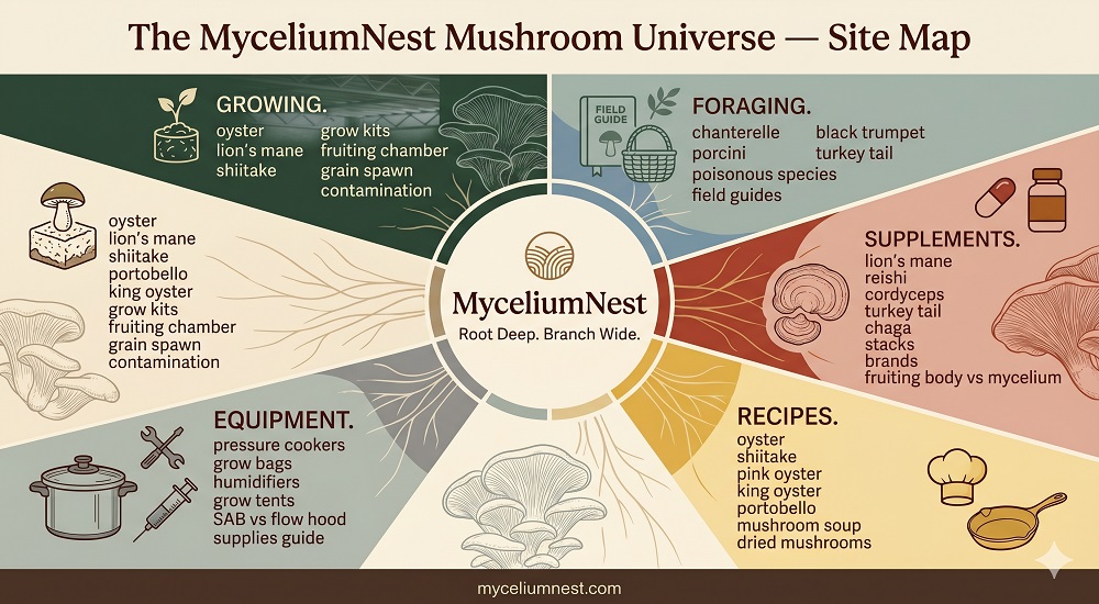 the myceliumnest mushroom universe sitemap diagram