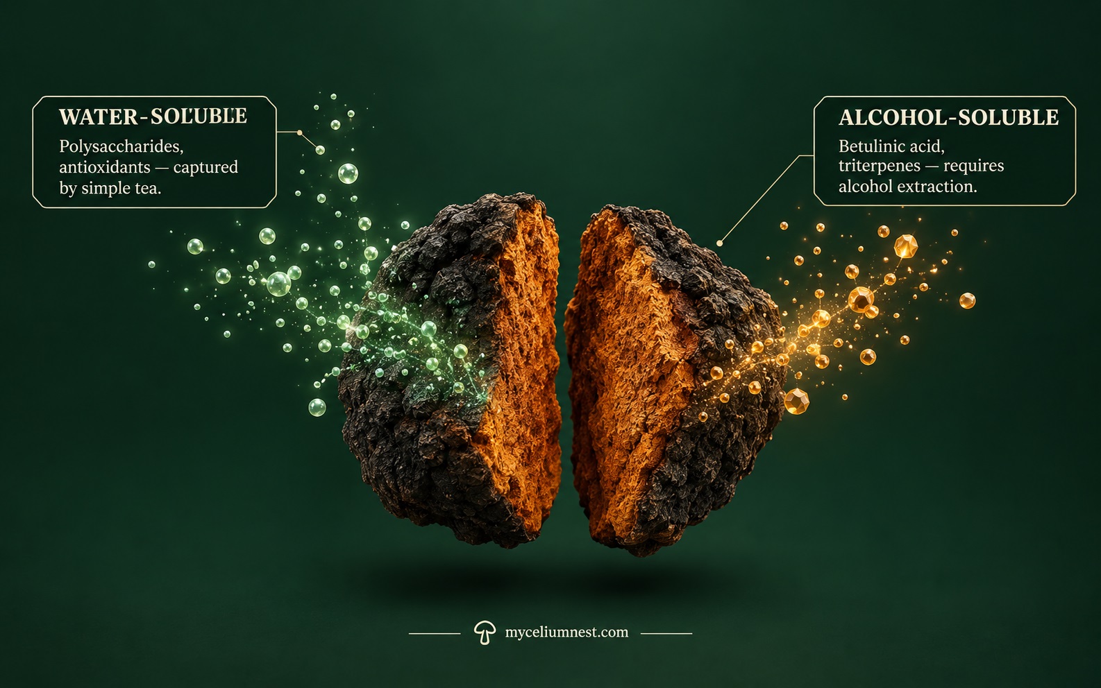 Split chaga chunk illustration showing water-soluble compounds like polysaccharides flowing from one half and alcohol-soluble compounds like betulinic acid and triterpenes flowing from the other half, by MyceliumNest