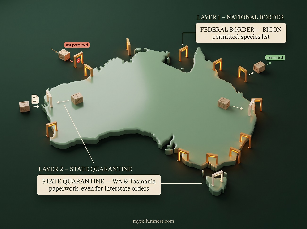 3D map of Australia showing two layers of mushroom spawn biosecurity — federal border checkpoints under the BICON permitted-species system and separate state quarantine gates for Western Australia and Tasmania, by MyceliumNest