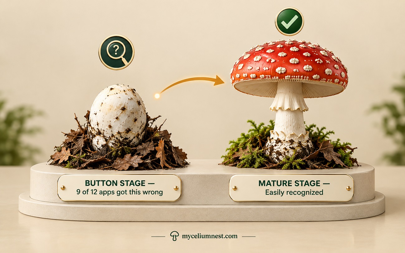 Side-by-side comparison of immature button-stage versus mature fly agaric mushroom, illustrating why identification apps misidentify young specimens — 9 of 12 apps failed on button stage in 2026 research, by MyceliumNest