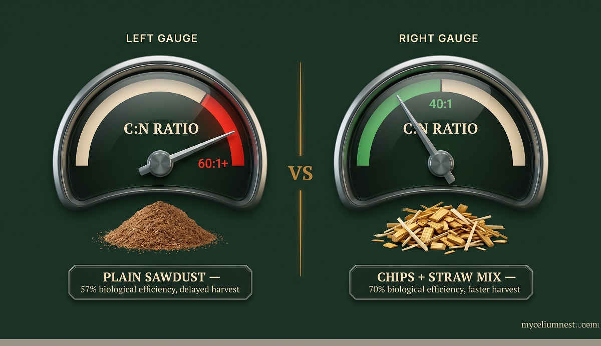 Comparison gauge infographic showing carbon-to-nitrogen ratio impact on wine cap mushroom substrate — plain sawdust at 60:1 ratio versus wood chips and straw mix at 40:1 ratio, with biological efficiency percentages, by MyceliumNest