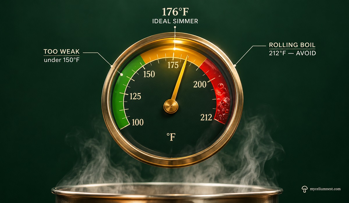 Temperature gauge infographic showing the ideal 176°F simmer zone for chaga tea preparation, with a rolling boil zone marked to avoid, by MyceliumNest