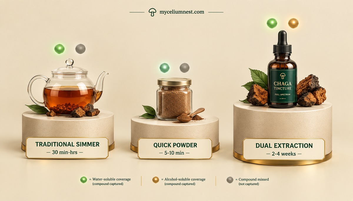 Comparison infographic showing three chaga tea preparation methods and their compound coverage — traditional simmer captures water-soluble only, quick powder method partial water-soluble, dual extraction captures both water and alcohol-soluble compounds, by MyceliumNest
