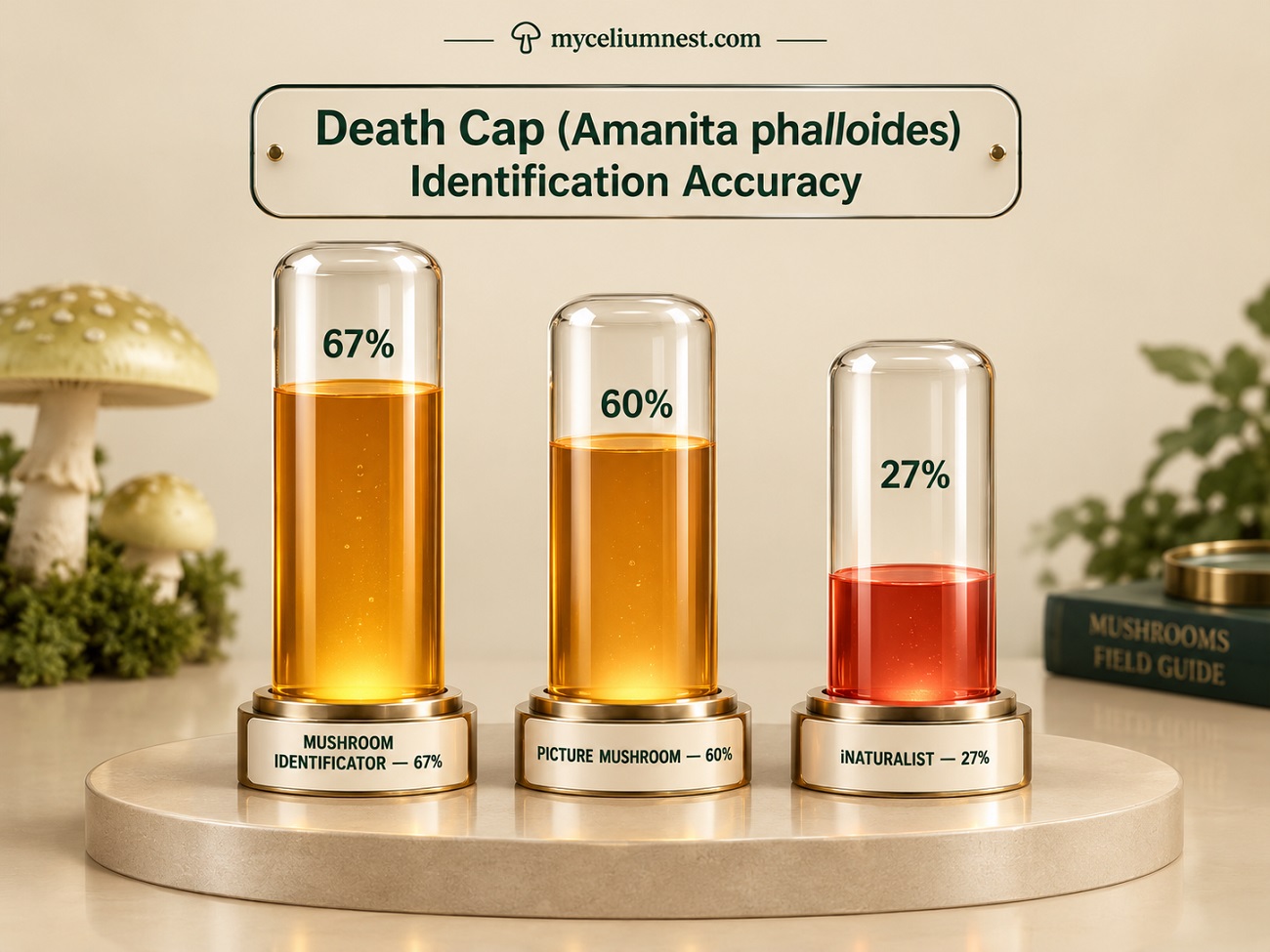 Bar chart comparing death cap mushroom identification accuracy across three apps — Mushroom Identificator 67%, Picture Mushroom 60%, iNaturalist 27% — rendered as glowing 3D specimen columns by MyceliumNest
