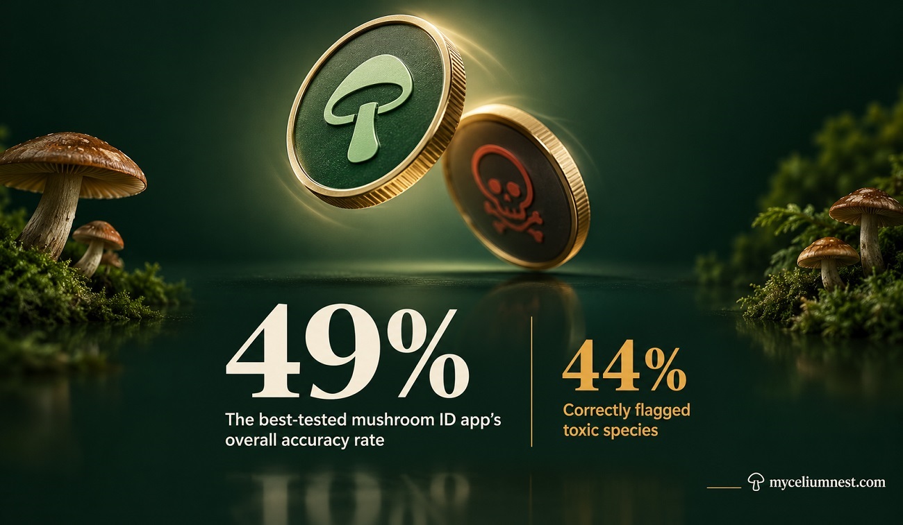 Infographic showing mushroom identification app accuracy study results — the best-tested app was correct only 49% of the time overall and 44% on toxic species, visualized as a coin flip, by MyceliumNest