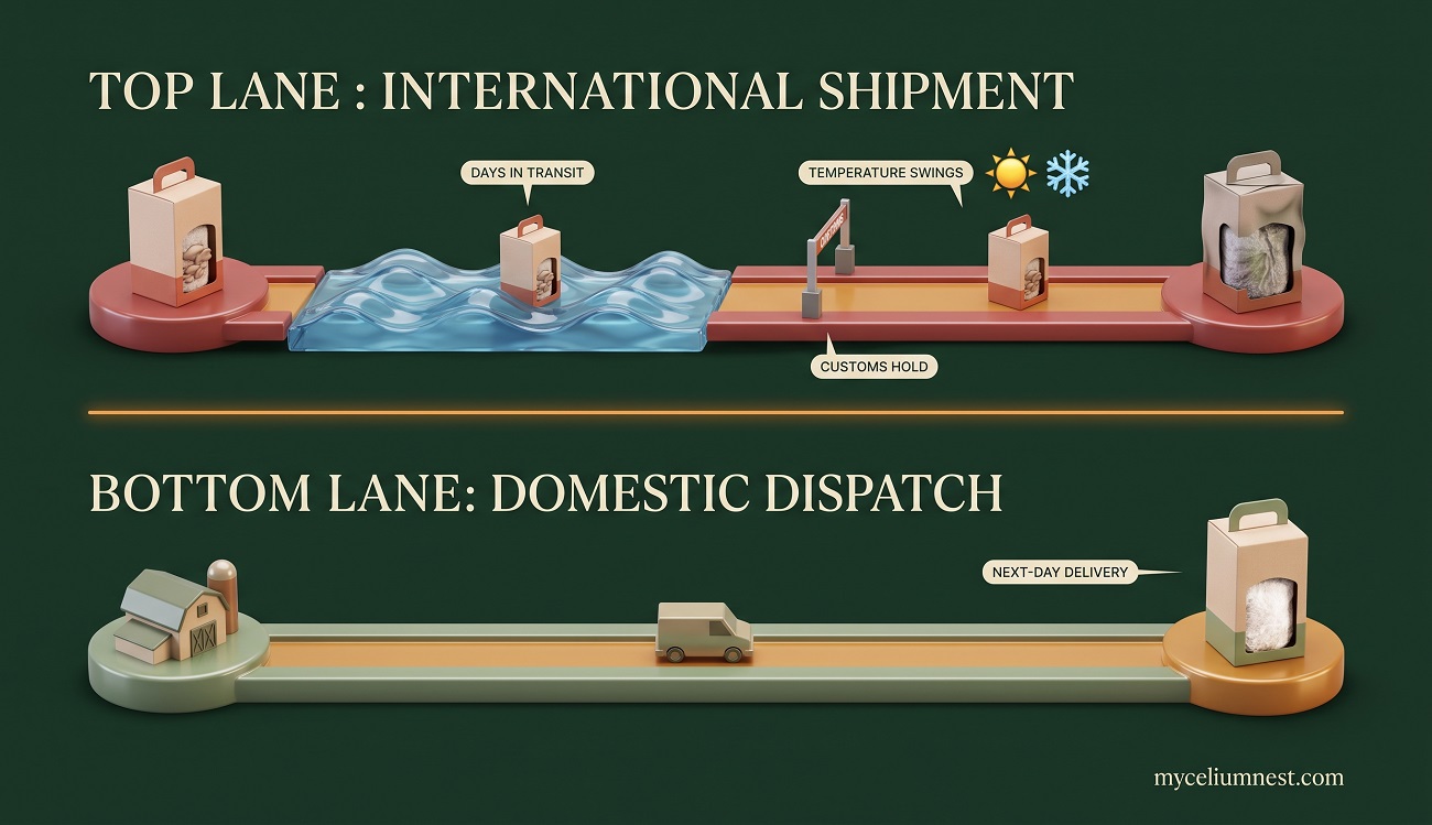 Comparison infographic of shipping a live mushroom grow kit — an international shipment shown crossing an ocean with customs holds and temperature swings arriving stressed, versus a domestic next-day dispatch arriving healthy, by MyceliumNest
