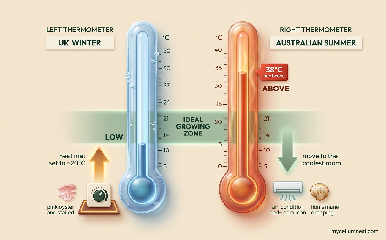 Two thermometers comparing mushroom kit climate extremes — a UK winter too cold for the ideal 14–21°C growing zone corrected with a thermostat heat mat, and a 38°C Australian summer heatwave too hot, corrected by moving the kit to the coolest room, by MyceliumNest