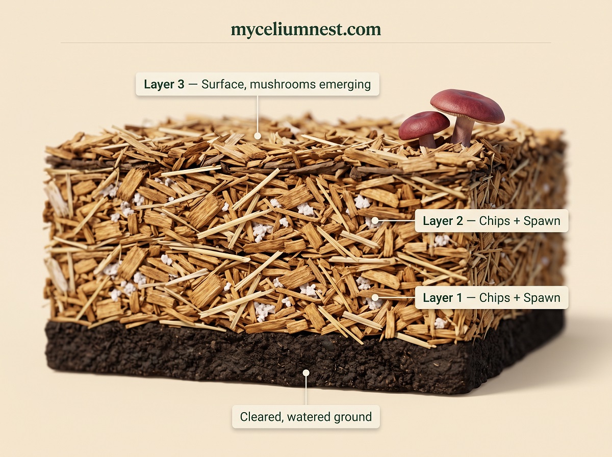 Cross-section diagram of a wine cap mushroom wood chip bed showing three layered rows of wood chips and spawn stacked lasagna-style, with mushrooms emerging from the top layer, by MyceliumNest