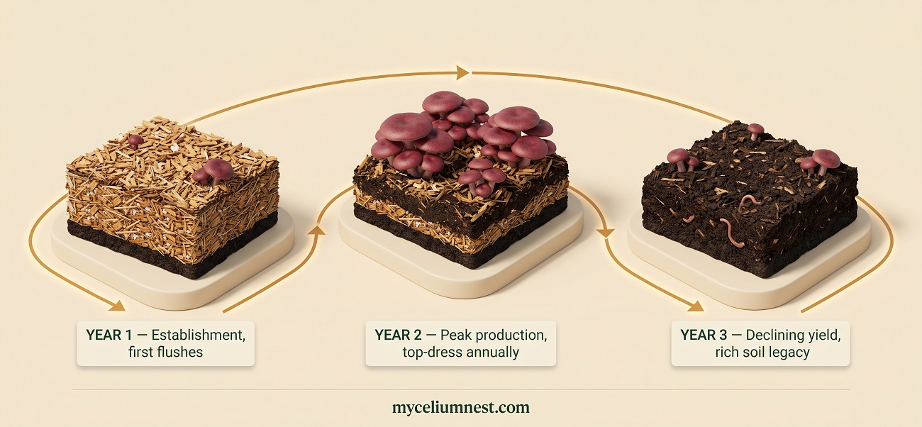 Three-year timeline infographic showing wine cap mushroom bed lifecycle — Year 1 establishment and first flushes, Year 2 peak production, Year 3 declining yield with rich decomposed soil legacy, by MyceliumNest