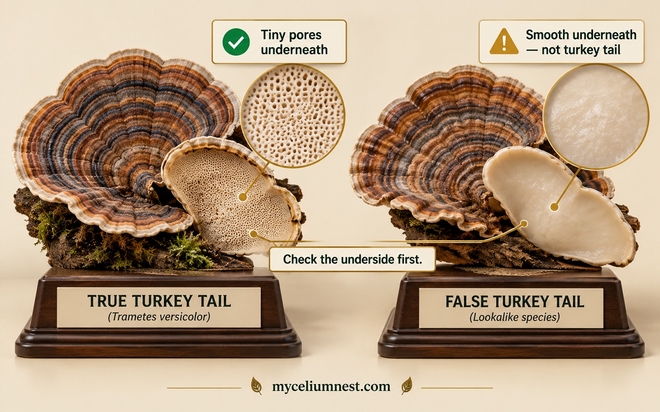 Comparison of true turkey tail with tiny pores on its underside versus false turkey tail with a smooth underside, the key identification check before making turkey tail tincture, by MyceliumNest