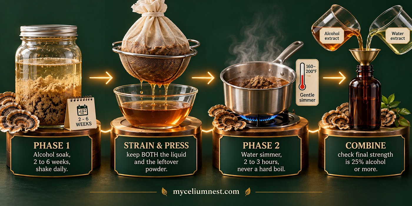 Four-stage process diagram for making turkey tail dual extract — alcohol soak, strain and press, water simmer, then combine and check alcohol strength is at least 25 percent, by MyceliumNest
