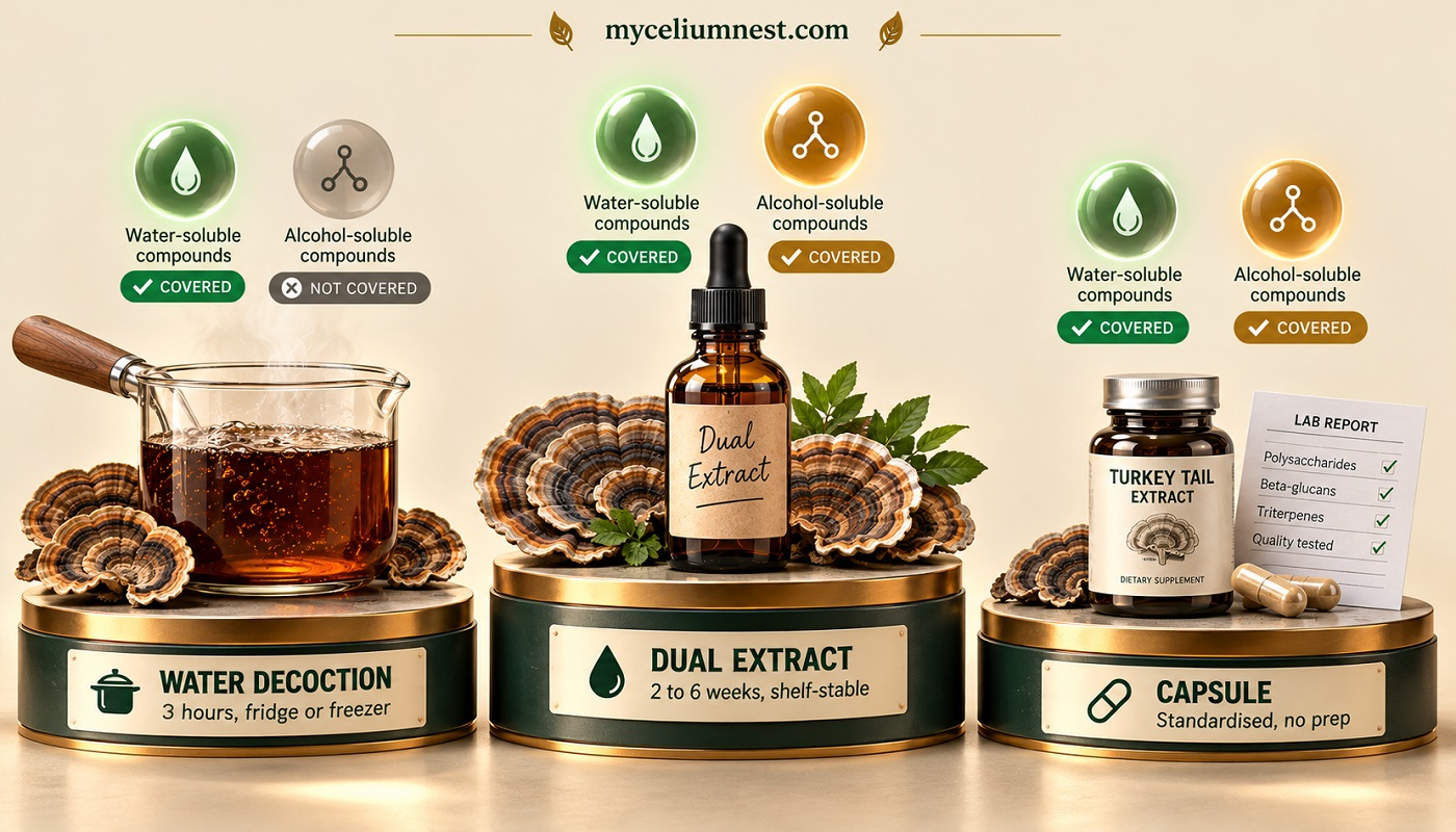 Comparison of three ways to prepare turkey tail — a water decoction covering water-soluble compounds, a dual extract covering both water and alcohol-soluble compounds, and a standardised capsule, by MyceliumNest